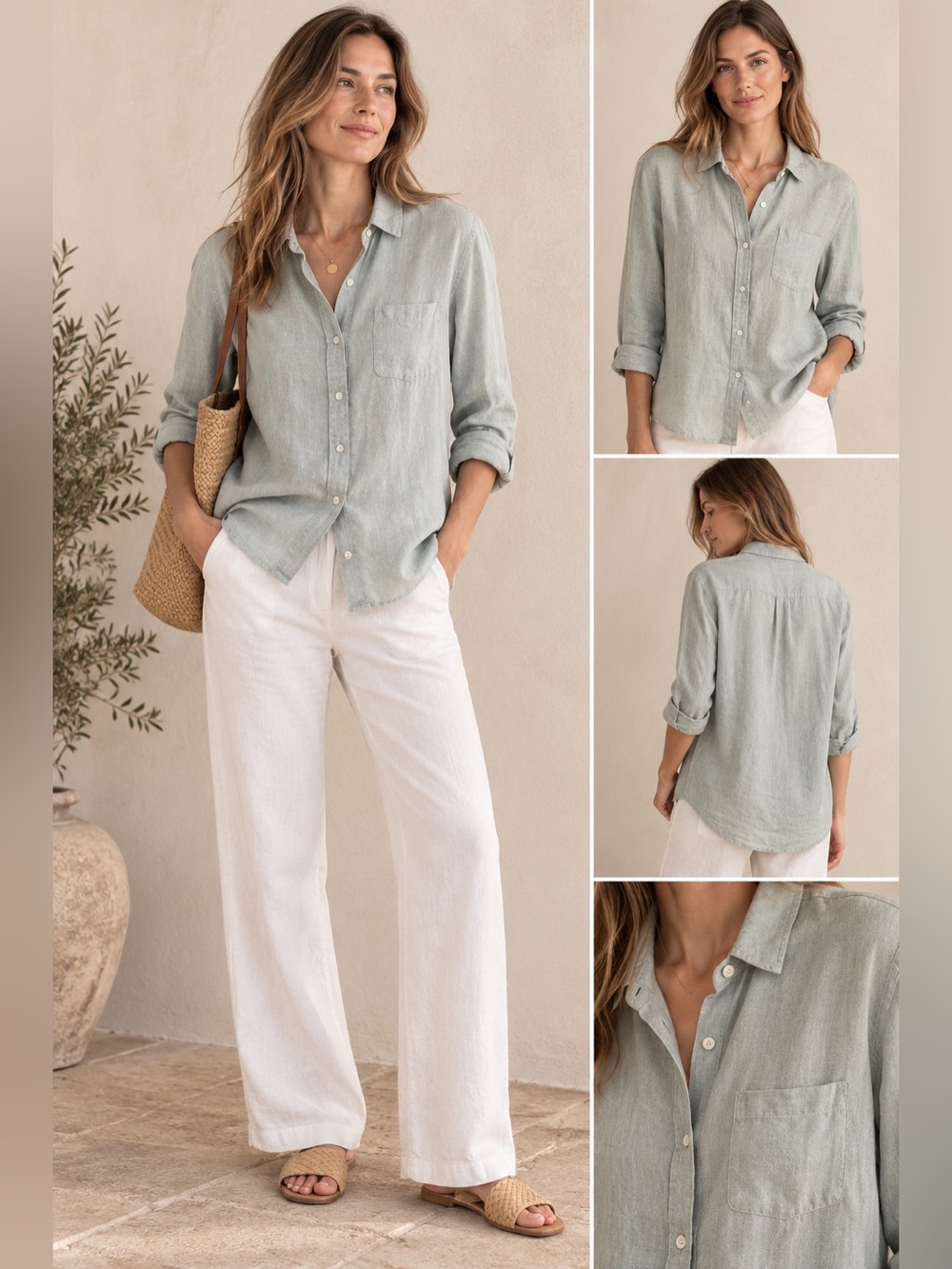 EASY pure LINEN BUTTON-FRONT SHIRT | JJill Sz L In Mint Casual Costal